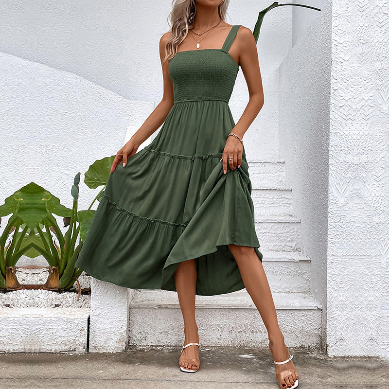 Solid A-Line Midi Dress with Smocked Bodice & Tiered Skirt