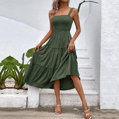 Solid A-Line Midi Dress with Smocked Bodice & Tiered Skirt