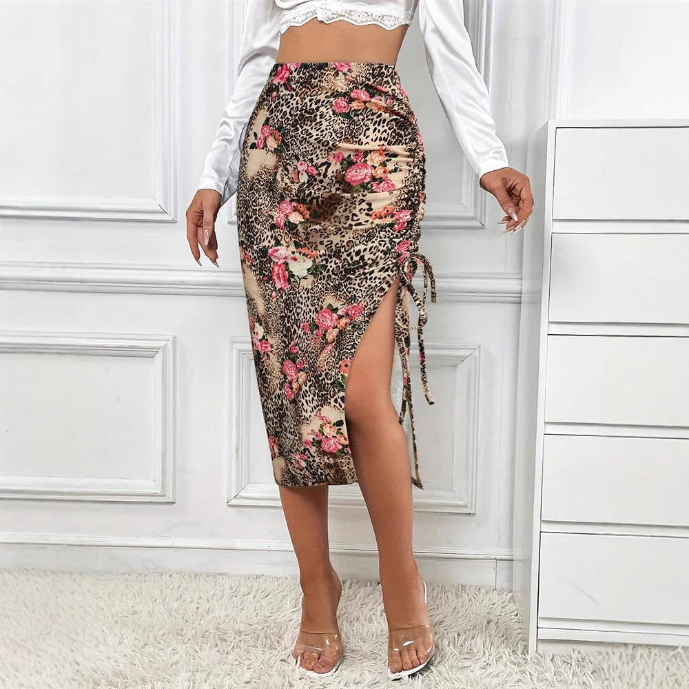 Leopard & Floral Print Pencil Midi Skirt with Ruched Side Slit