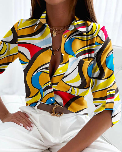 Printed Button-Down Shirt with V-Neck and Long Sleeves