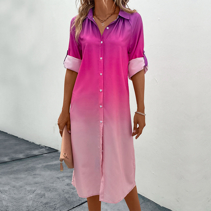 Gradient Shirt Dress with Lapel Collar and Roll-Up Sleeves