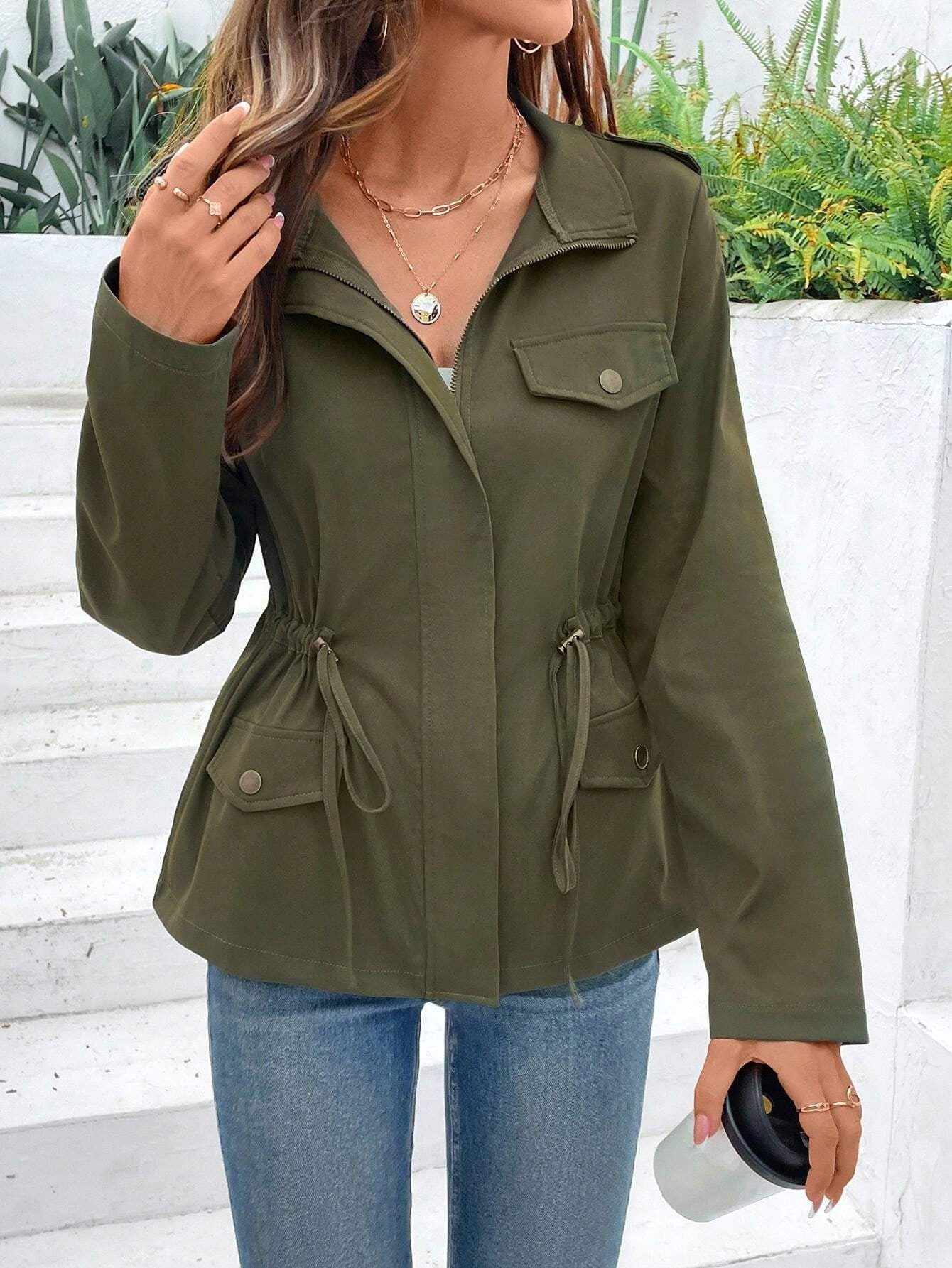 Solid Utility Jacket with Drawstring Waist and Lapel Collar