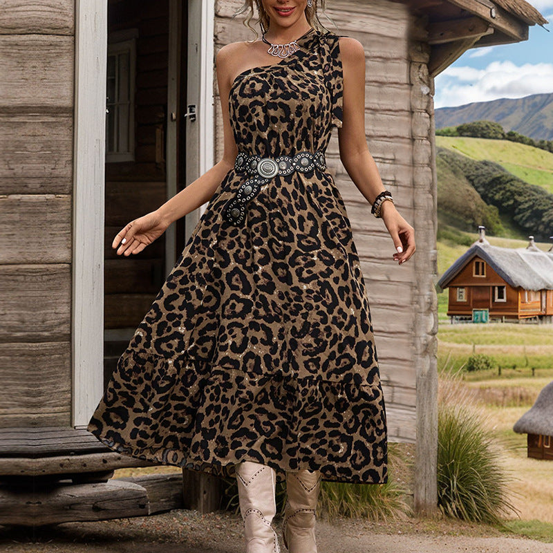 Leopard Print A-Line Midi Dress with One-Shoulder