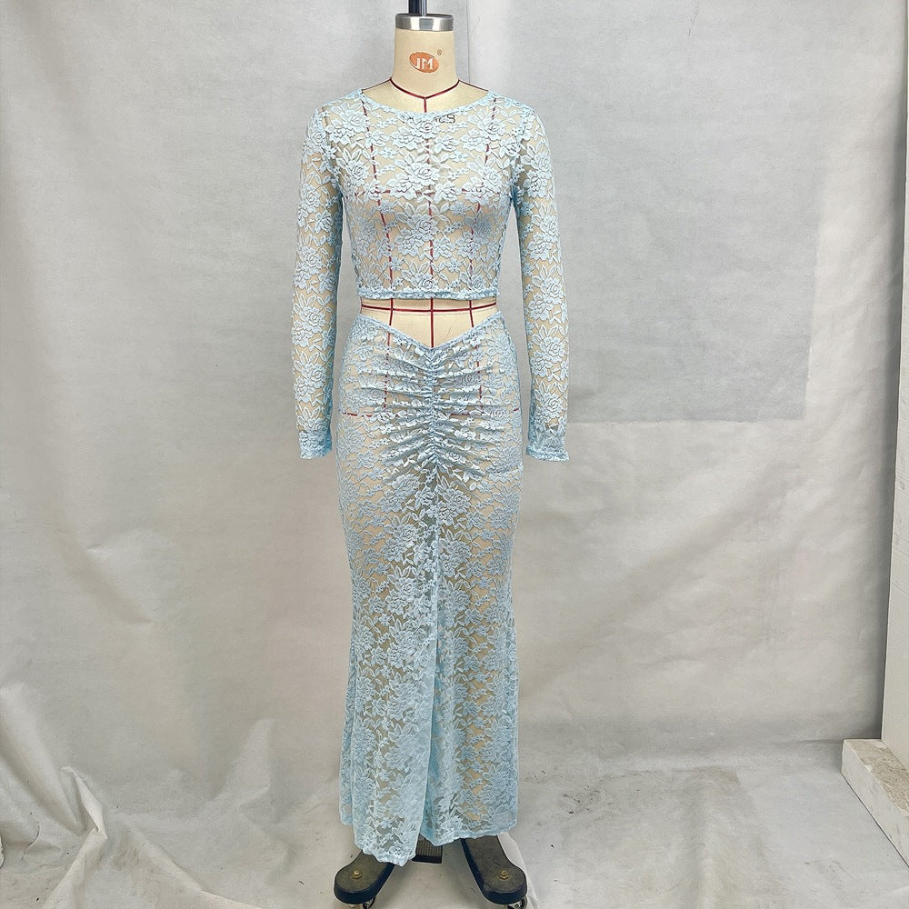 Perspective Round Neck High Waist Long Sleeve Two-Piece Skirt Set