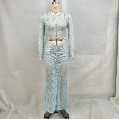 Perspective Round Neck High Waist Long Sleeve Two-Piece Skirt Set