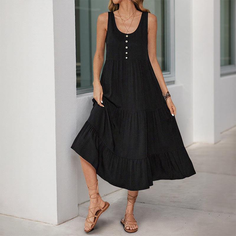 Solid Sleeveless Tiered Midi Dress with Button Front
