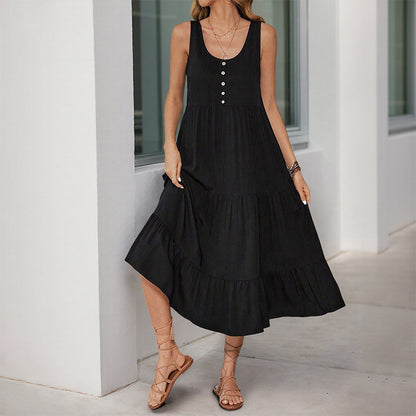 Solid Sleeveless Tiered Midi Dress with Button Front
