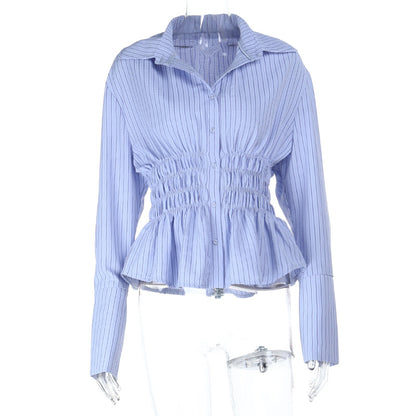 Striped Peplum Shirt with Smocked Waist and Long Sleeves