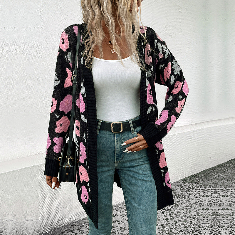 Long Floral Jacquard Cardigan with Open Front