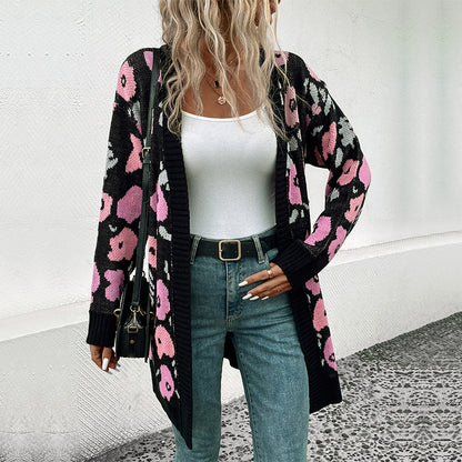 Long Floral Jacquard Cardigan with Open Front