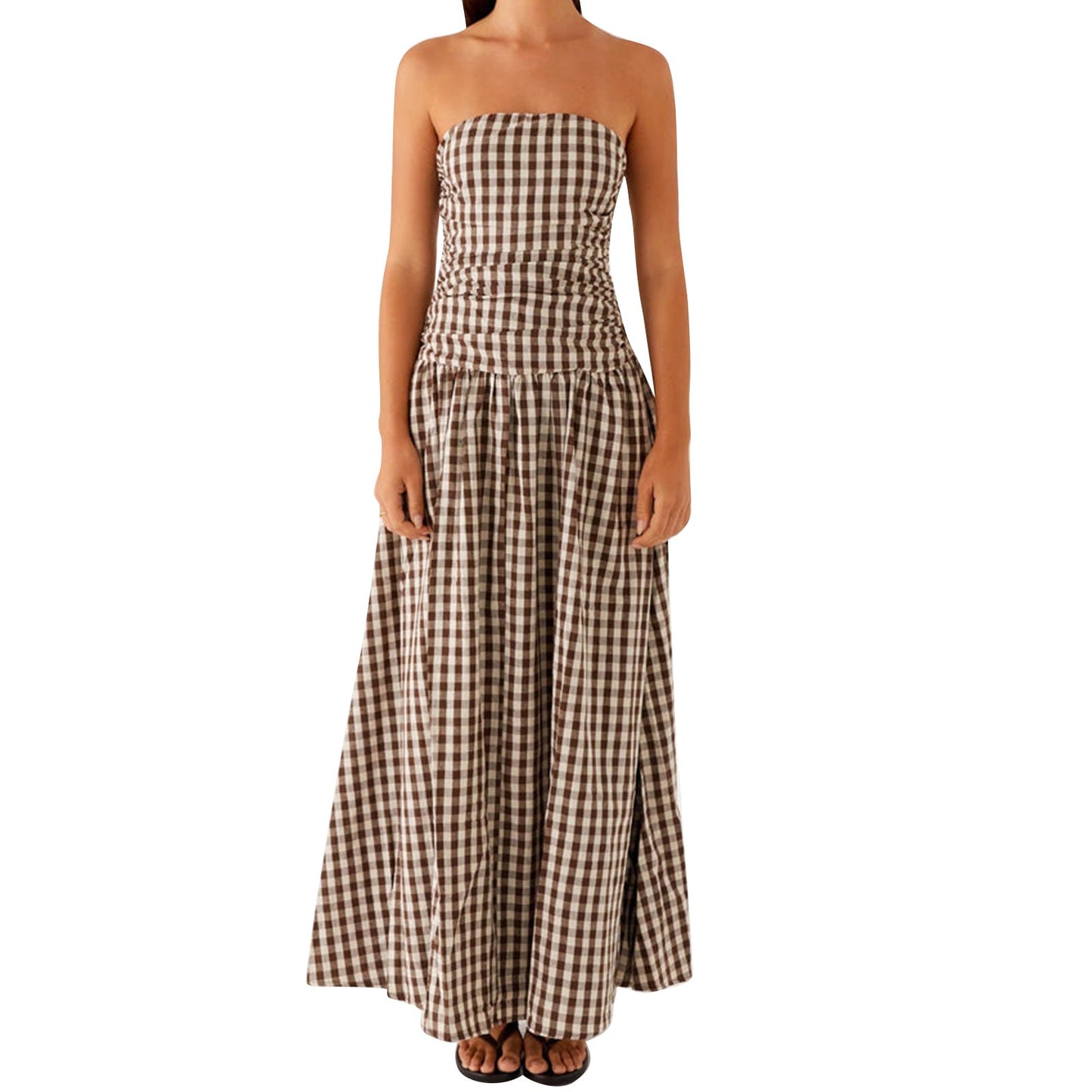 Strapless Ruched Maxi Dress with Dropped Waist