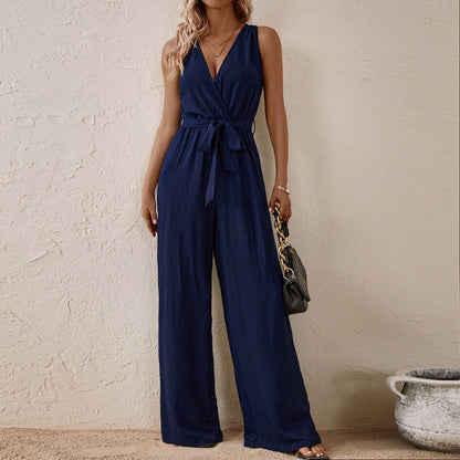 Wide-Leg Sleeveless Jumpsuit with V-Neck and Tie-Waist