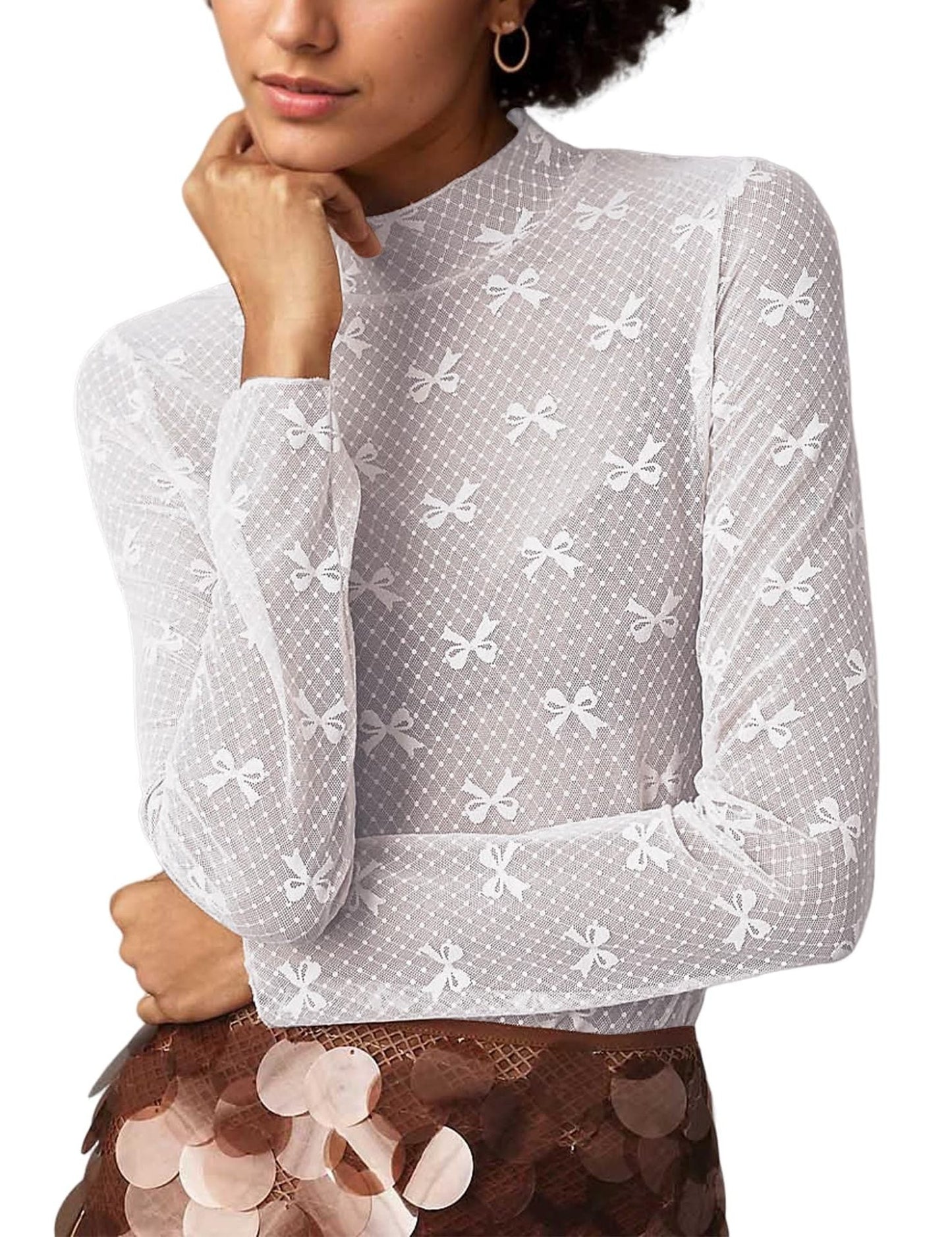 Bow Print Mesh Top with Long Sleeves and Mock Neck