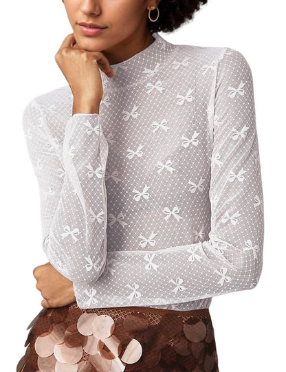 Bow Print Mesh Top with Long Sleeves and Mock Neck