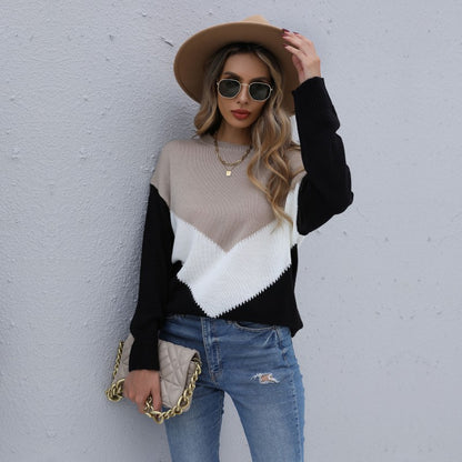 V-Shape Color Block Pullover Sweater with Semi-High Collar