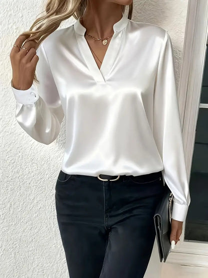 Solid Satin-Finish Blouse with V-Neck and Long Sleeves