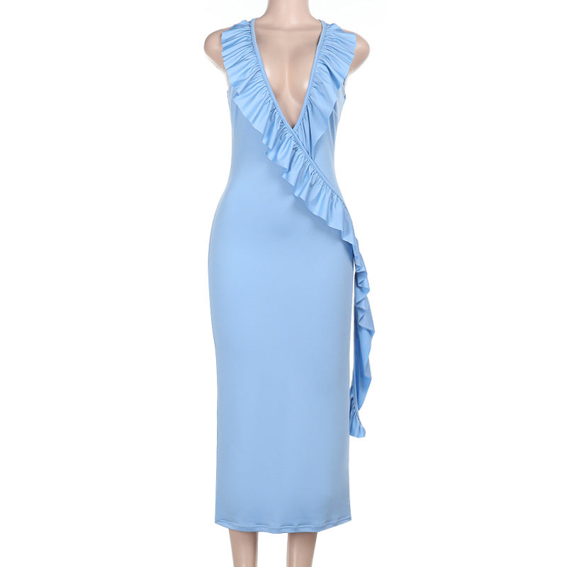 Bodycon Maxi Dress with Ruffle Trim and Deep U-Neck