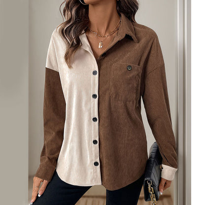 Color Block Corduroy Cardigan with Turn-Down Collar