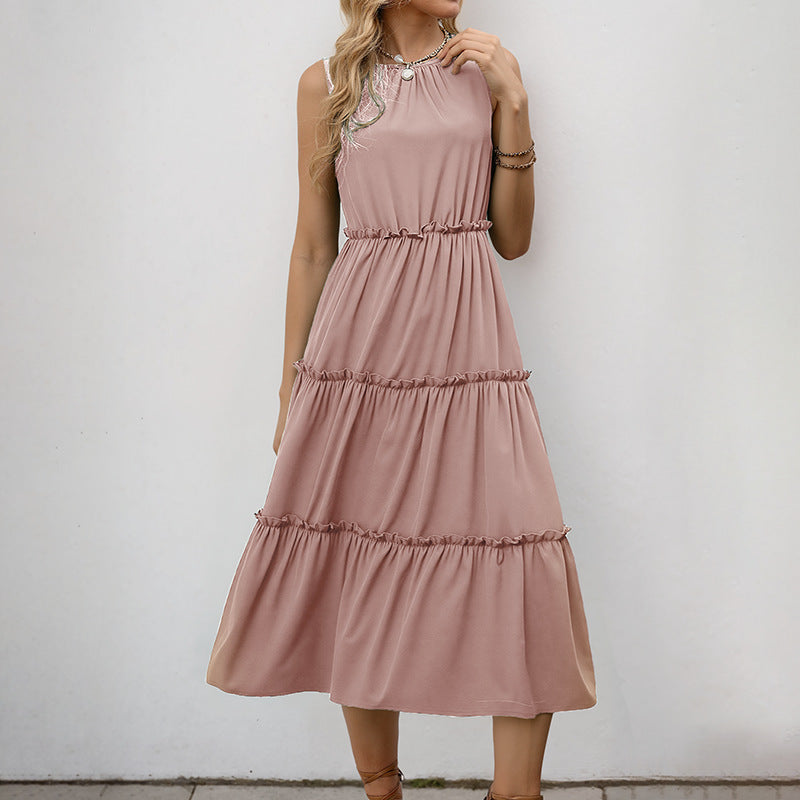 Tiered A-Line Midi Dress with Crewneck and Ruffle Trim