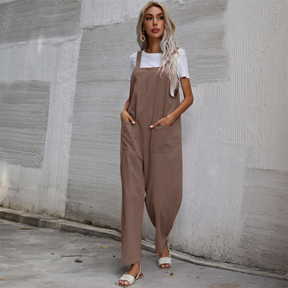 Loose Fit Cotton Linen Suspender Jumpsuit