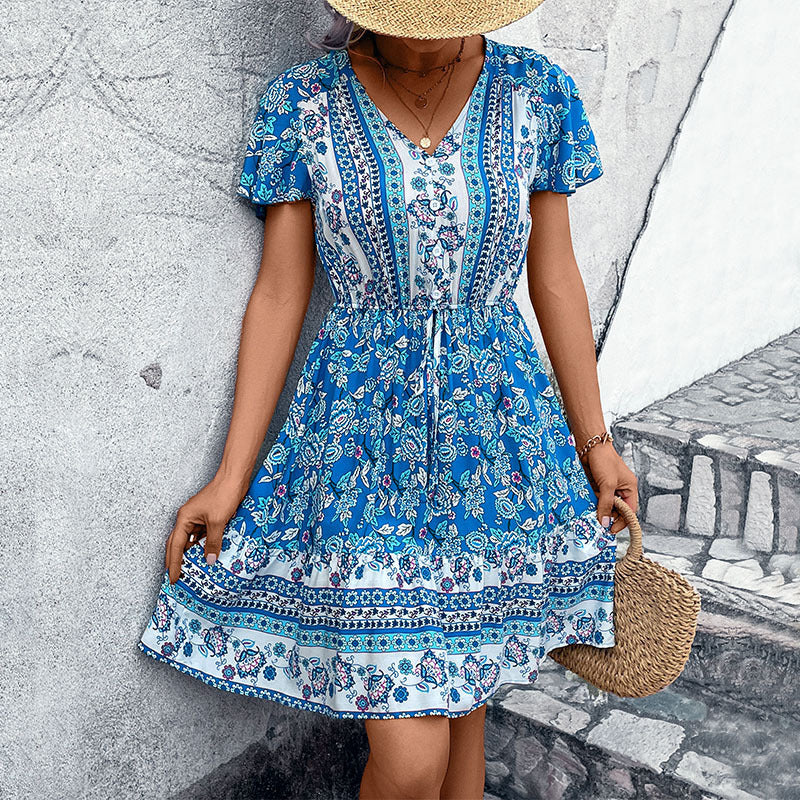 Ethnic Floral A-Line Dress with V-Neck and Drawstring Waist