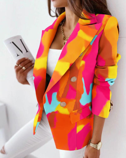Printed Double-Breasted Blazer with Long Sleeves