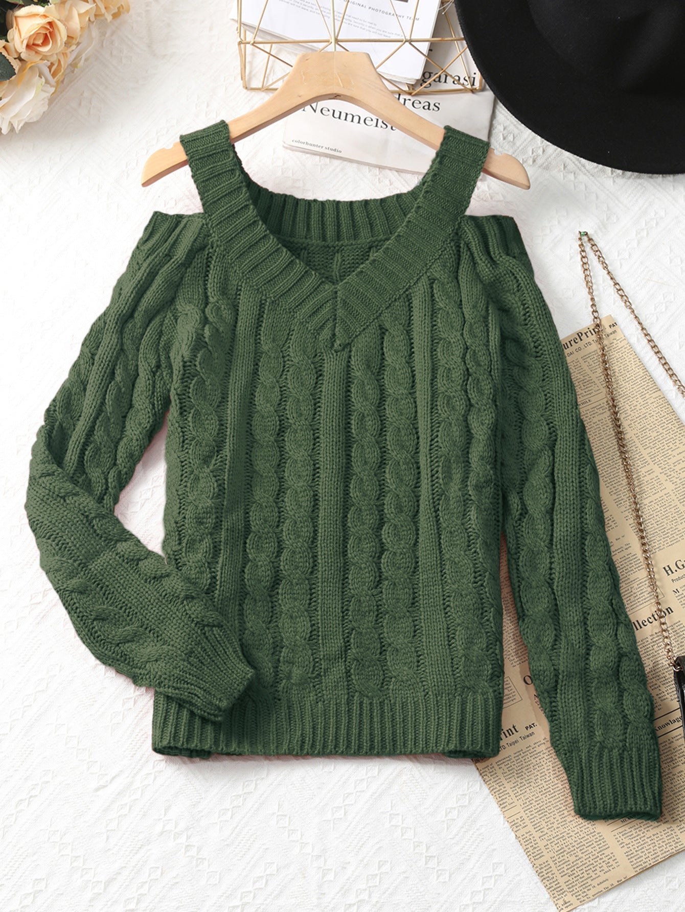 Cable-Knit V-Neck Sweater with Cold-Shoulder Cutouts