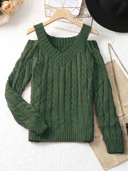 Cable-Knit V-Neck Sweater with Cold-Shoulder Cutouts
