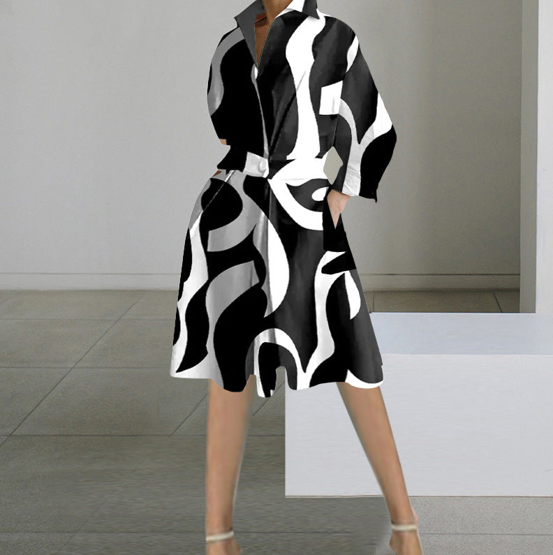 Printed A-Line Midi Dress with V-Neck and Long Sleeves