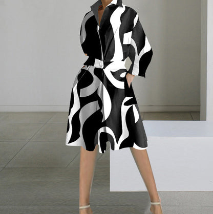 Printed A-Line Midi Dress with V-Neck and Long Sleeves