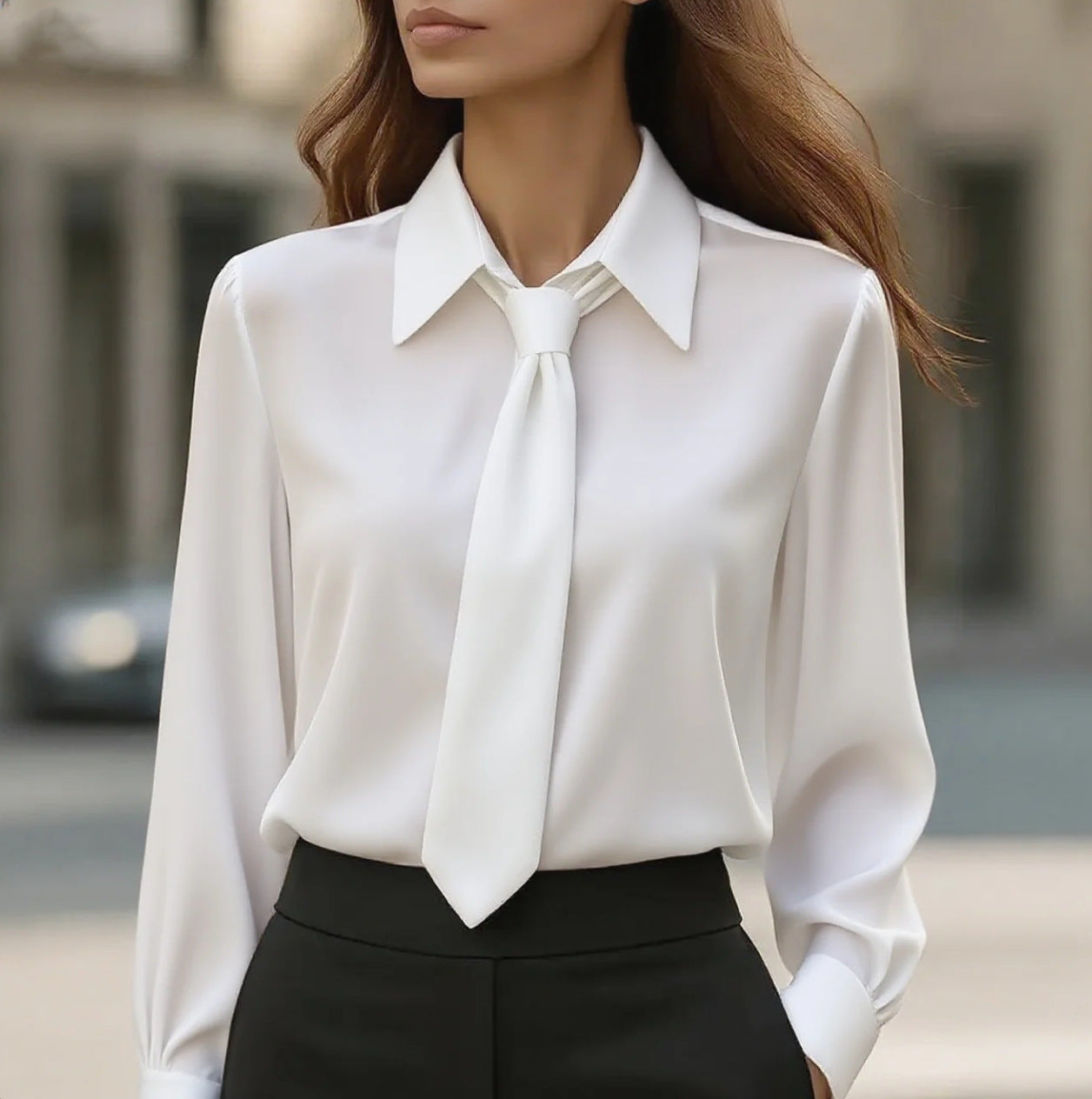 Solid Color Long-Sleeve Blouse with Neck Tie
