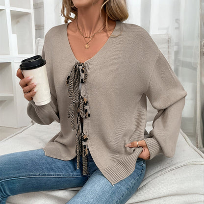 Relaxed Knit Cardigan with V-Neck and Leopard Tie Front