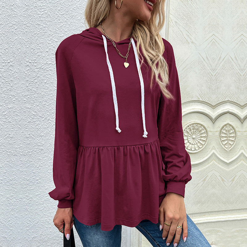Solid Peplum Hoodie with Ruffle Hem and Drawstring