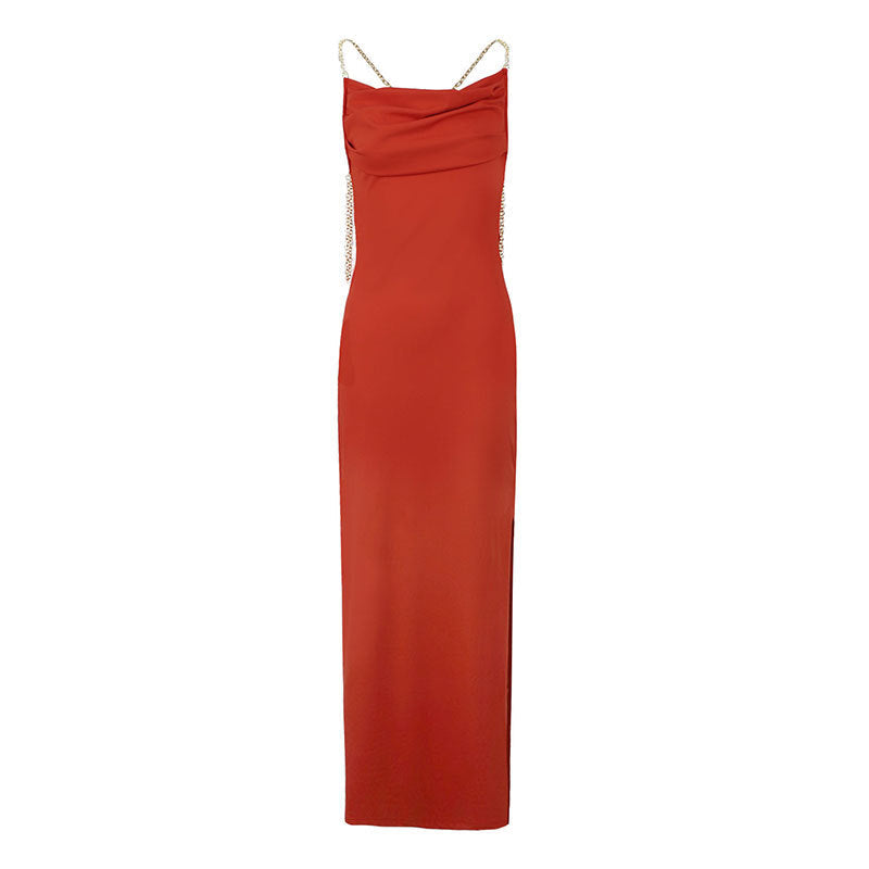 Backless Sheath Maxi Dress with Cowl Neck and Chain Straps