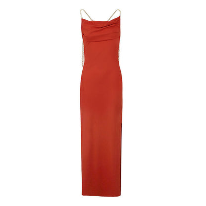 Backless Sheath Maxi Dress with Cowl Neck and Chain Straps
