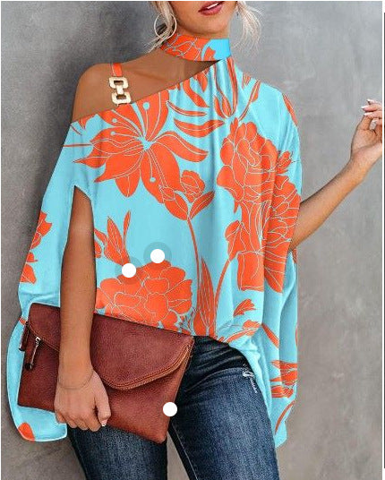 Printed Loose Top with Choker Neck and One-Shoulder Cutout