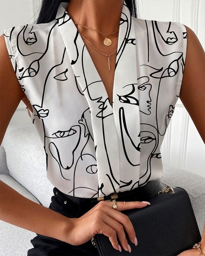 Abstract Print Sleeveless Blouse with V-Neck