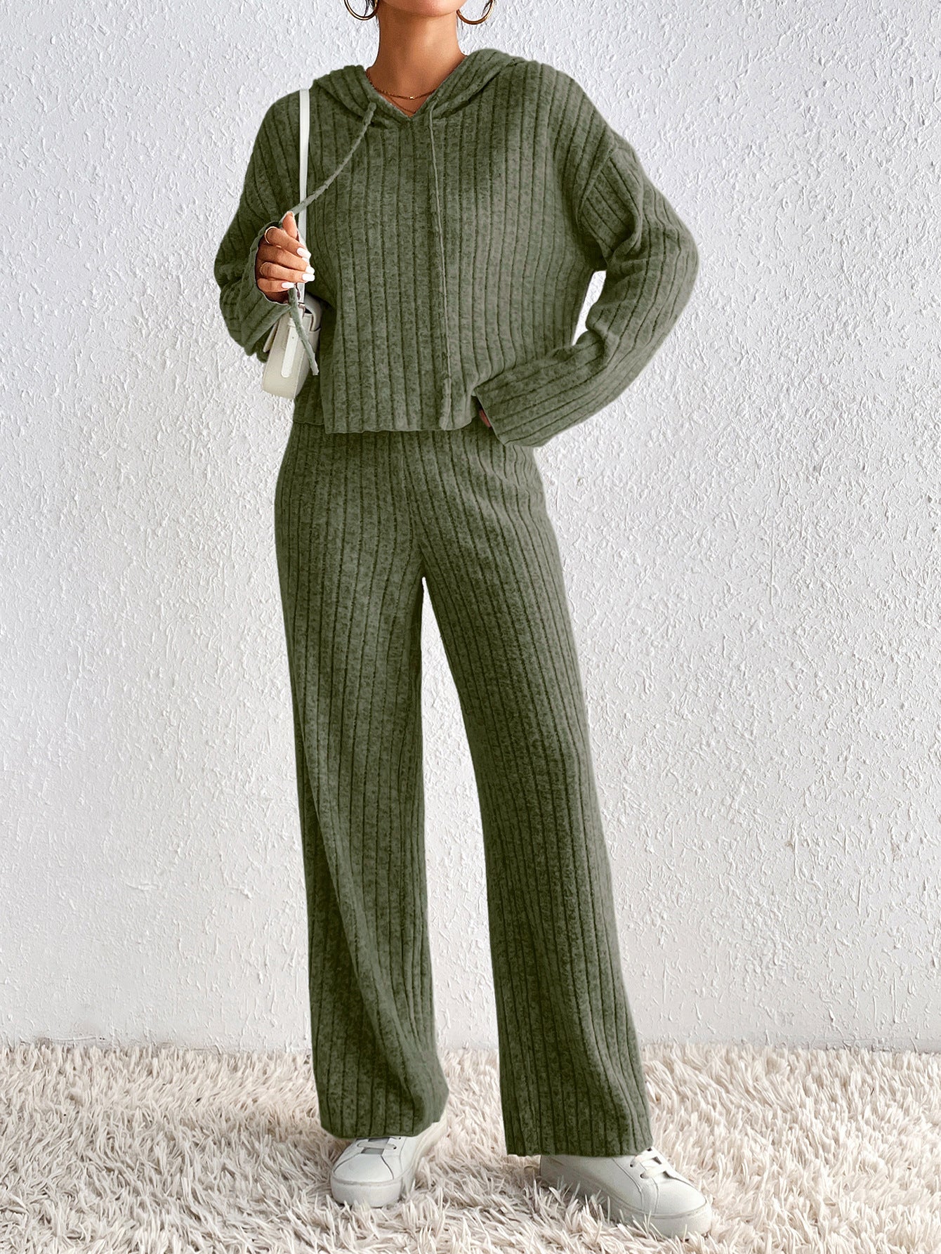 Ribbed Knit Two-Piece Set with Hooded Top and Wide-Leg Trousers