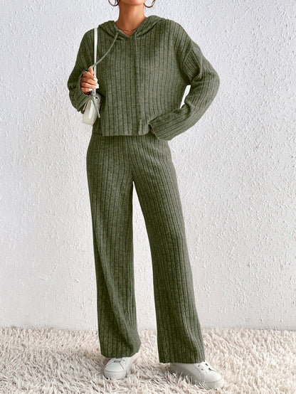 Ribbed Knit Two-Piece Set with Hooded Top and Wide-Leg Trousers