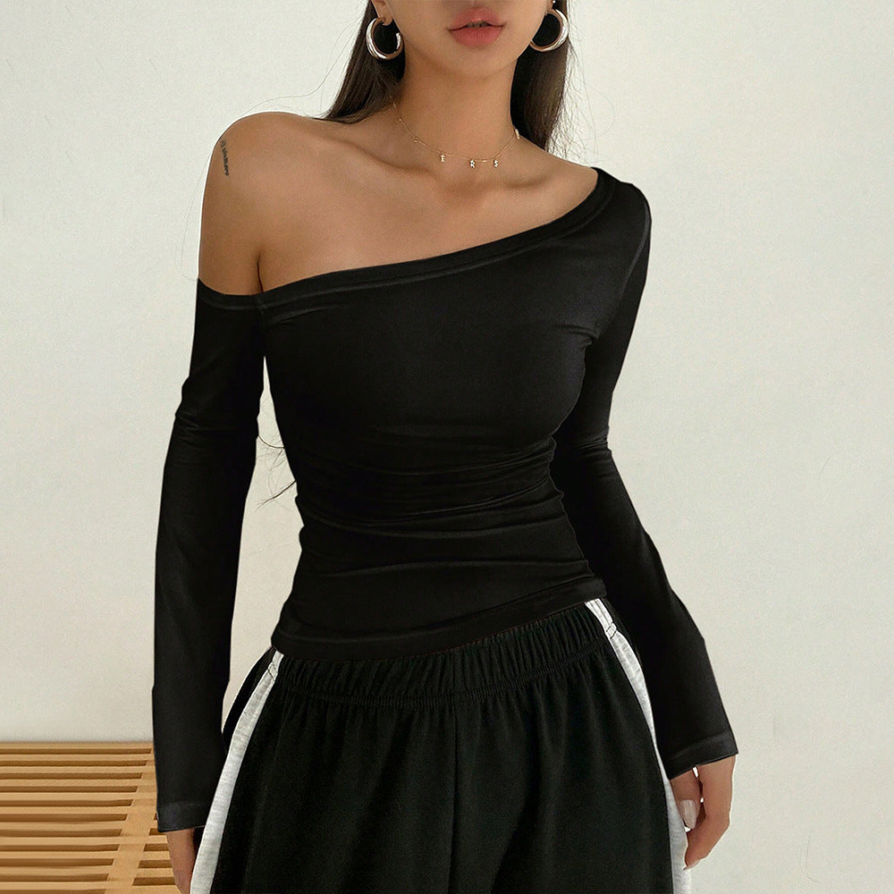 Solid Bodycon Top with Slant Collar and Long Sleeves