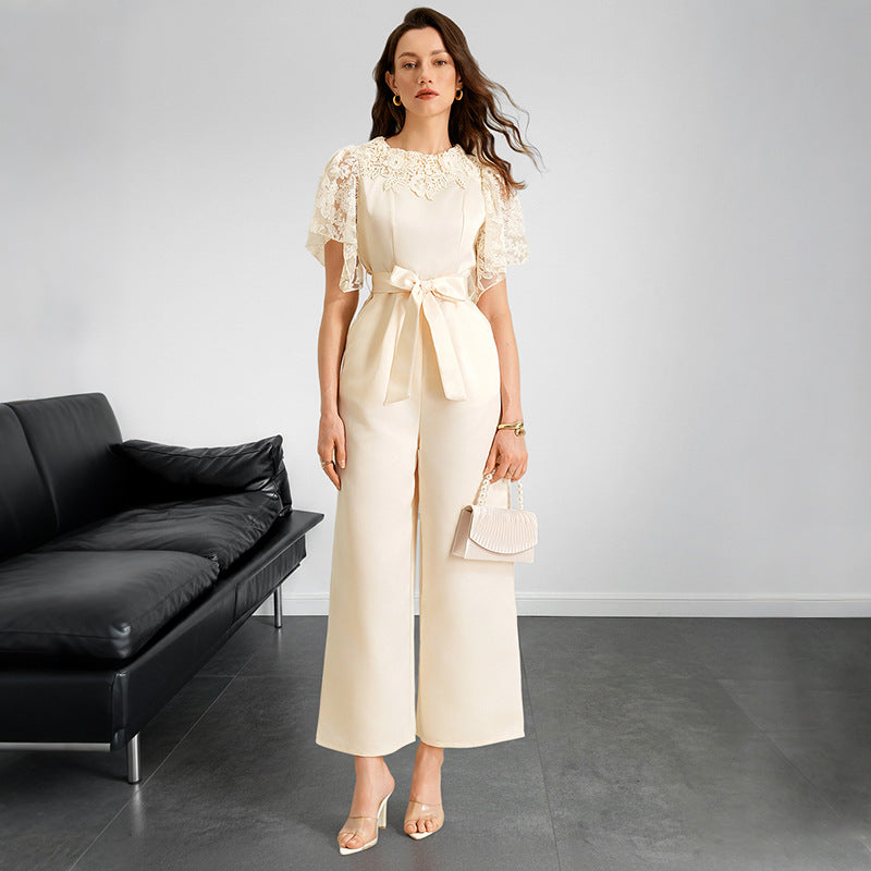 Satin Wide-Leg Jumpsuit with Lace Flying Sleeves and Tie-Waist