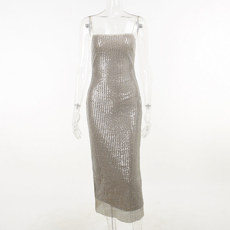 Bodycon Maxi Dress with Fine Sequins and Spaghetti Straps