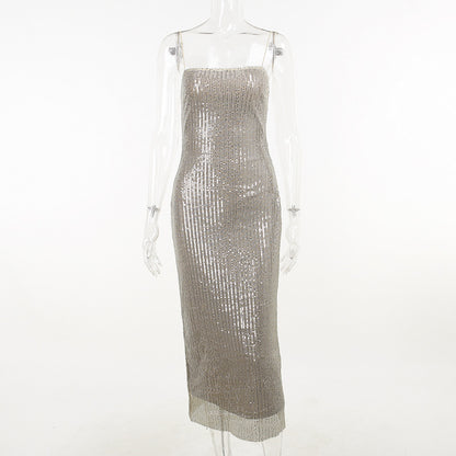 Bodycon Maxi Dress with Fine Sequins and Spaghetti Straps