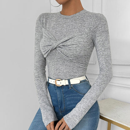 Slim Fit Long-Sleeve Knit Top with Twist Front