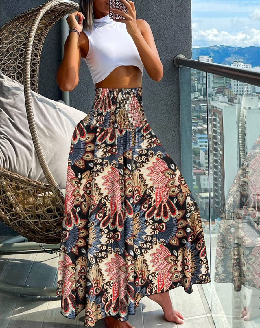 Bohemian Print A-Line Maxi Skirt with High Smocked Waist