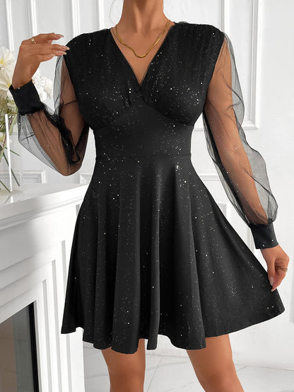 Sparkle A-Line Mini Dress with V-Neck and Mesh Sleeves