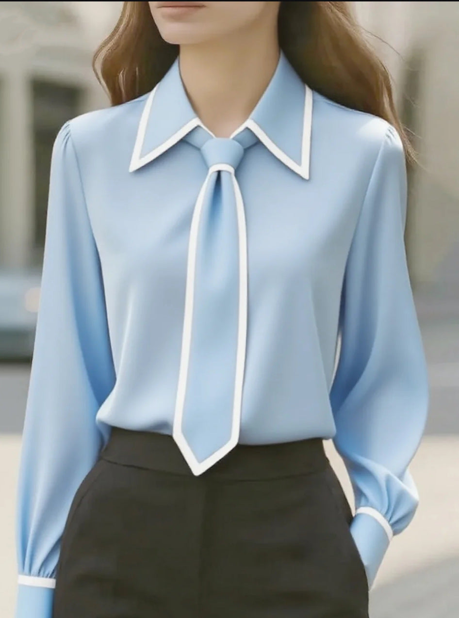 Solid Long Sleeve Blouse with Outlined Tie and Collar