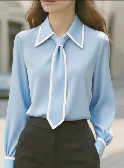 Solid Long Sleeve Blouse with Outlined Tie and Collar