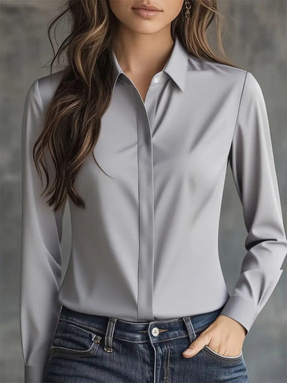Solid Long-Sleeve Button-Down Blouse in Polyester