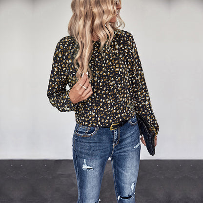 Speckled Print Pullover Blouse with Pussy-Bow Collar